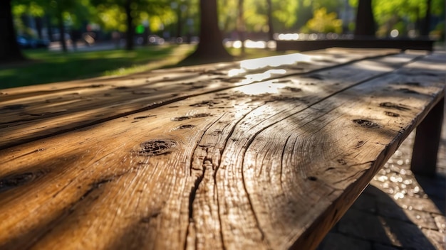 Sonnengeküßter Holztisch in einer ruhigen Parkumgebung