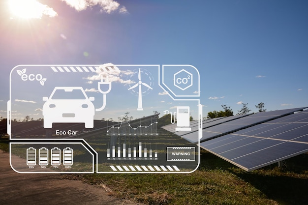 Sonnenkollektoren an sonnigen Tagen mit Umgebungssymbolen zum Aufladen von Elektroautos