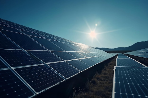 Sonnenkollektoren auf dem Feld. Die Sonnenstrahlen fallen auf das Panel. Sichere Energie, grüne Energiequellen, generative KI