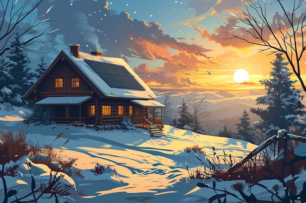 Sonnenkollektoren auf einem Haus in der Wintersaison Ästhetische Karikatur
