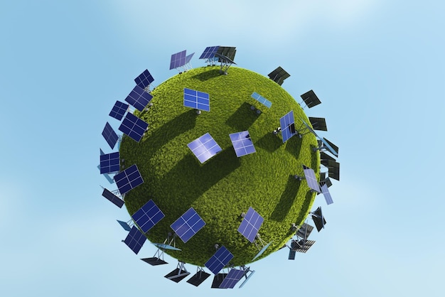 Sonnenkollektoren, die zufällig auf einer grünen Kugel mit Gras installiert sind