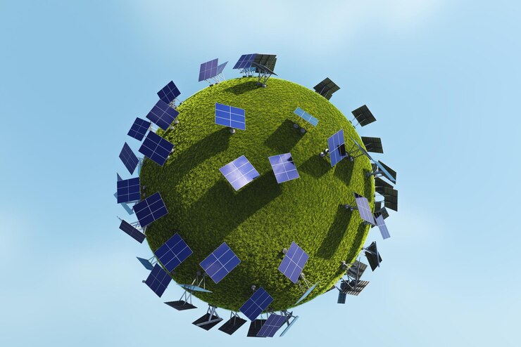 Sonnenkollektoren, die zufällig auf einer grünen Kugel mit Gras installiert sind