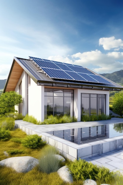 Sonnenkollektoren in moderne Architektur integriert, erstellt mit generativer KI-Technologie