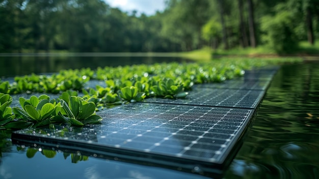 Sonnenkollektoren schweben zwischen leuchtend grünen Wasserpflanzen an einem ruhigen See