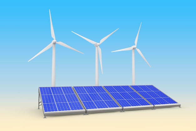 Sonnenkollektoren und windkraftanlagen auf blauem grund. 3d-rendering