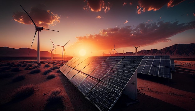 Sonnenkollektoren und Windturbinen, die Strom in einem erneuerbaren Kraftwerk mit grüner Energie erzeugen, mit Sonnenuntergang im Hintergrund AI Generative