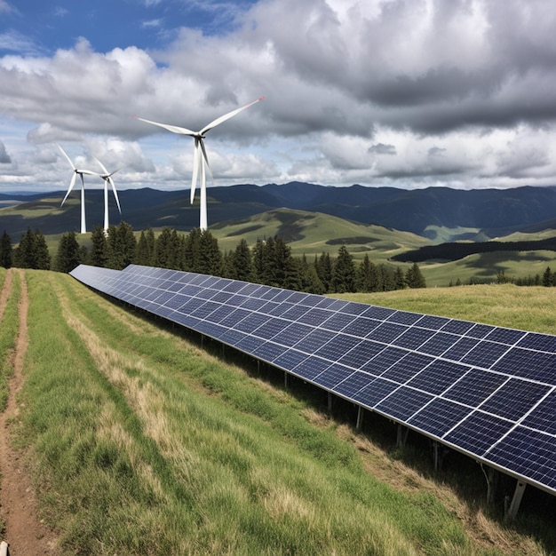 Foto sonnenkollektoren und windturbinen in einem grünen feld 3d-render solarkraftwerk