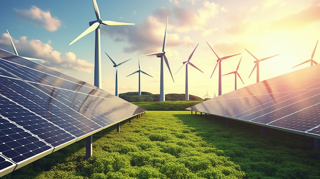 Sonnenkollektoren und Windturbinen zur Stromerzeugung in Kraftwerken grüne erneuerbare Energie Erzeugung Ai
