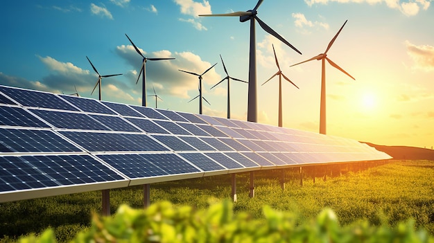 Sonnenkollektoren und Windturbinen zur Stromerzeugung in Kraftwerken grüne erneuerbare Energie Erzeugung Ai