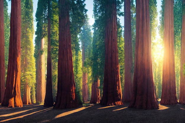 Sonnenlicht, das durch nebligen Sequoia-Wald geht