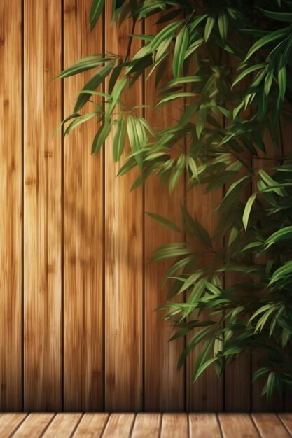 Foto sonnenlicht des tropischen bambusbaumblattschattens auf brauner holzpaneelwand mit holzmaserung ai-generatoren