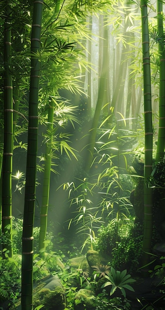 Sonnenlicht durch die Bambusbäume in einem Wald generativ ai