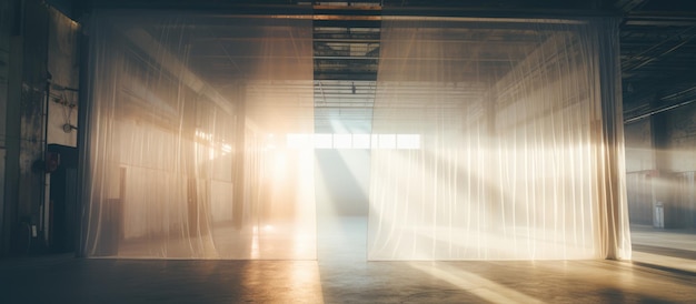 Sonnenlicht durch Plastikvorhänge am Eingang einer Fabrik