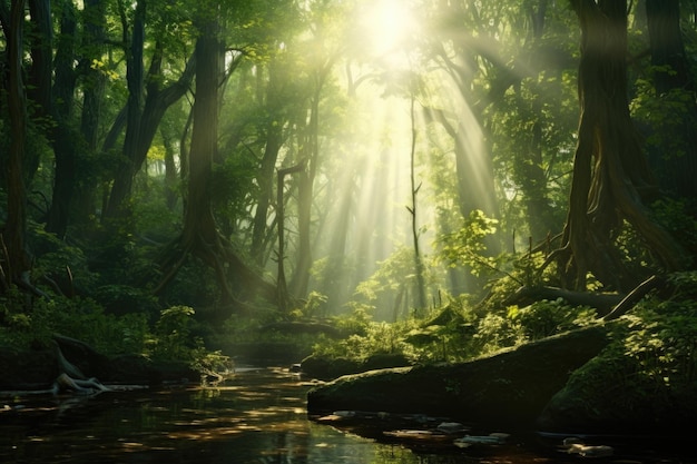 Sonnenlicht erleuchtet den dichten Wald