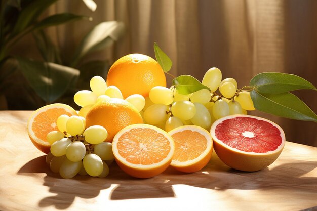 Sonnenlicht fällt auf die Zitronen-Orange-Grapefruit- und Traubenstücke auf der Oberfläche