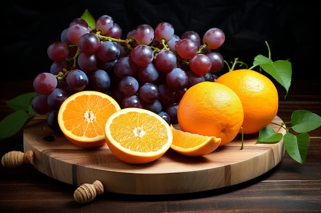 Sonnenlicht fällt auf die Zitronen-Orange-Grapefruit- und Traubenstücke auf der Oberfläche