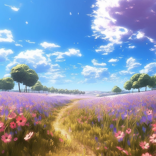 Sonnenlicht Himmel Anime schöne Blumen Garten Feld hell Generative KI