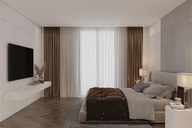 Sonnenlicht kommt in das moderne Schlafzimmer 3D-Rendering
