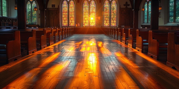 Sonnenlicht scheint durch Buntglasfenster in einer leeren Kirche Konzept der Religion Spiritualität Christentum und Anbetung