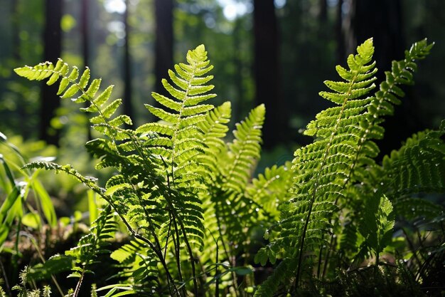 Sonnenlicht scheint durch die Bäume in einem Wald mit Farnen