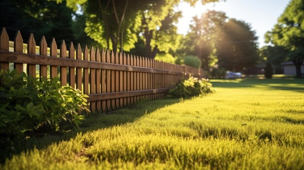 Sonnenlicht strahlt auf einen eleganten Holzzaun neben einem üppig grünen Rasen