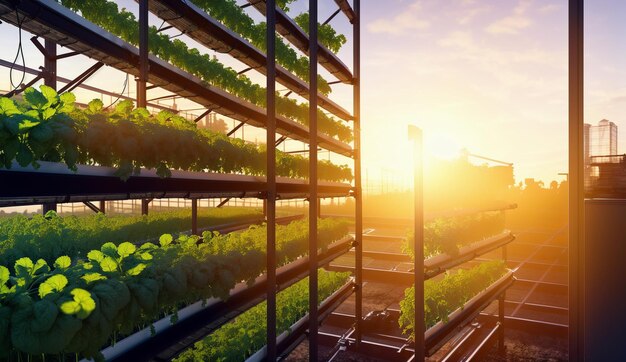 Sonnenlicht strahlt in das mit Pflanzen gefüllte Gewächshaus und beleuchtet die Innenlandschaft