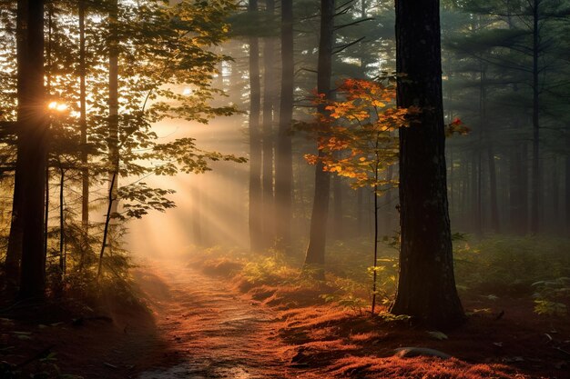 Sonnenlicht strömt durch Bäume im Wald Dawn Generative Ai