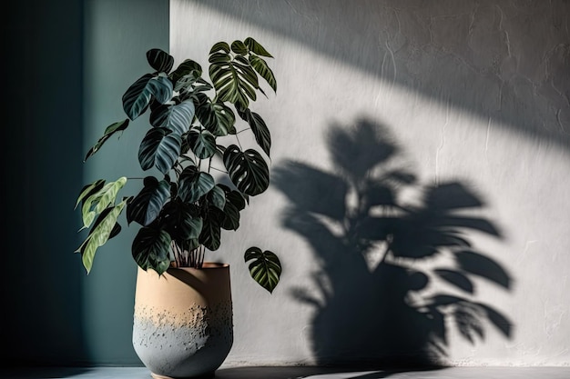 Sonnenlicht wirft Schatten auf eine schöne Zimmerpflanze in einem Behälter neben einer beigen leeren Wand