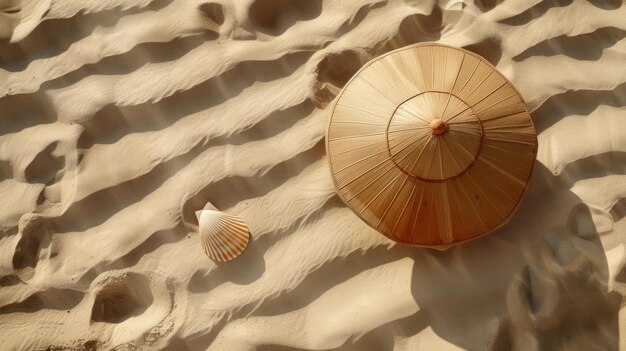 Sonnenmütze und Muschel, isoliert auf einem Sandhintergrund
