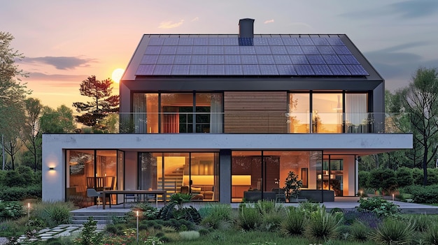 Sonnenpanel-Array auf dem Dach eines modernen Hauses Sonnenuntergang am Ende des Tages idyllische Umgebung Haus mit Solarzellen Hausbeleuchtung mit Solarenergie