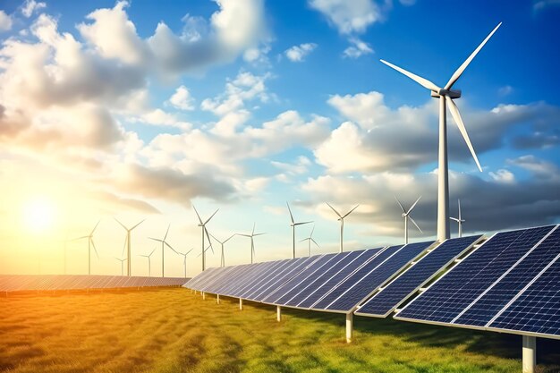 Sonnenpanele und Windturbine, die den grünen Planeten und die erneuerbare Energie veranschaulichen