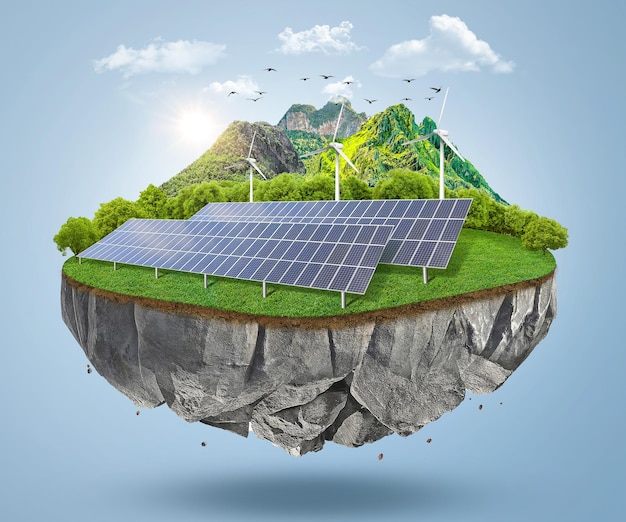 Sonnenpanele und Windturbinen auf einer grünen Insel mit Gras und Bäumen Himmel Schöne schwimmende 3D-Insel