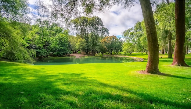 Sonnenschein und Bäume im Vineland Park Oslo Norwegen stock photo Öffentlicher Parkteich Oslo Naturstadt