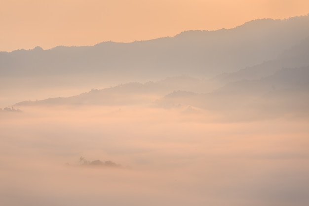 Sonnenschein und Wolken auf dem Morgennebel bei Phu Lang Ka, Phayao, Thailand