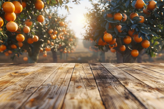 Sonnenscheiniger Obstgarten mit reifen Orangen, die an Bäumen hängen, über einem rustikalen Holztisch in warmer Idyllik