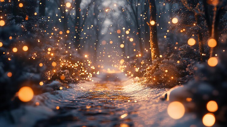 Foto sonnenscheiniger schneeweg mit fallenden schneeflocken