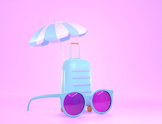 Sonnenschirm mit blauem Kunststoffkoffer und Sonnenbrille isoliert auf rosa Hintergrund 3D-Rendering Gepäcktasche gestreifter Sonnenschirm und Brille für Sommerreise oder Urlaubsreise Reisebanner