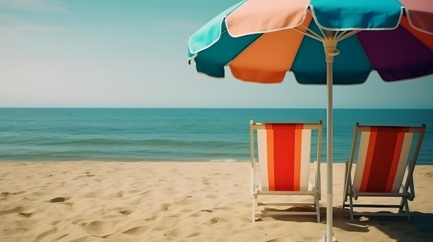 Sonnenschirm mit Stühlen am Sandstrand, Sommerurlaub, Thema Header, neuronales Netzwerk generierte Kunst