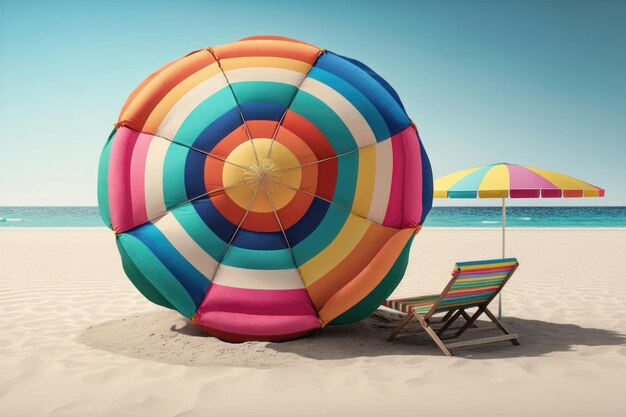 Sonnenschirm mit Stühlen aufblasbarer Ring am Strand AI Generationa