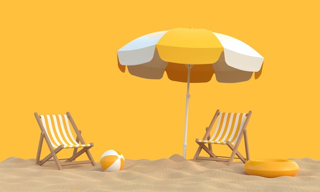 Sonnenschirm mit Stühlen und Strandzubehör auf dem leuchtend orangefarbenen Hintergrund 3D-Rendering