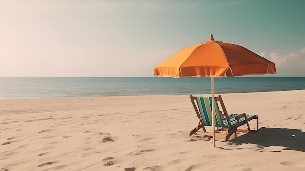 Sonnenschirm mit Stuhl am Sandstrand, neuronales Netzwerk erzeugte Kunst