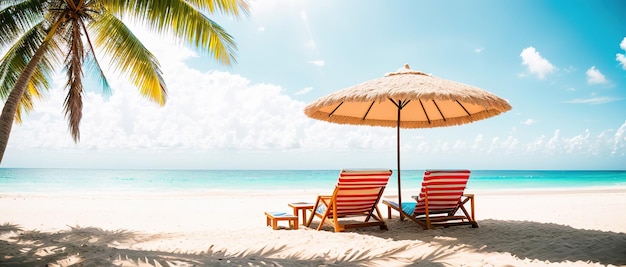 Sonnenschirm und Liegestuhl unter einer Palme am Strand einer tropischen Insel mit azurblauem Meer