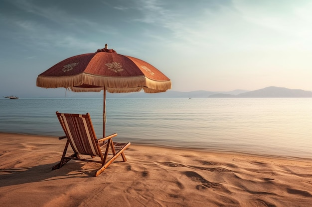 Sonnenschirm und Stuhl am Strand und Meer