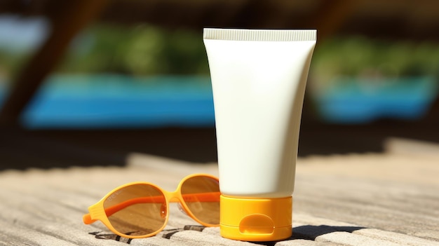 Sonnenschutz für Pool- und Meereshaut. Plastikflasche mit Sonnenschutz SPF Generative AI