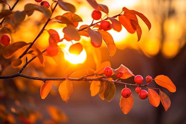 Sonnenstrahl scheint durch rote Herbstblätter im Wald Generative KI