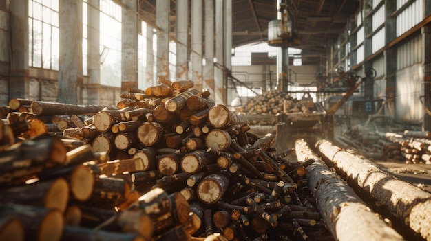 Sonnenstrahlen beleuchten einen großen Holzstapel in einer rustikalen und aktiven Holzfabrik