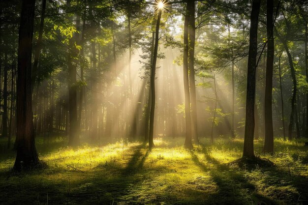 Foto sonnenstrahlen, die durch die bäume im wald kommen