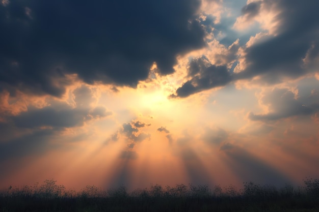 Sonnenstrahlen, die durch einen bewölkten Himmel herabfallen, Sonnenstrahlen durch die Wolken