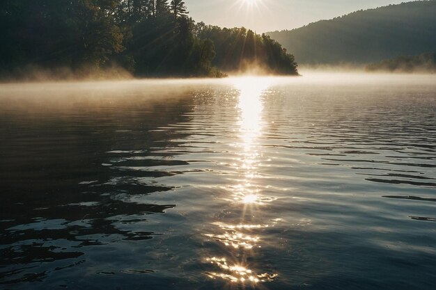 Sonnenstrahlen durch den Nebel über dem See