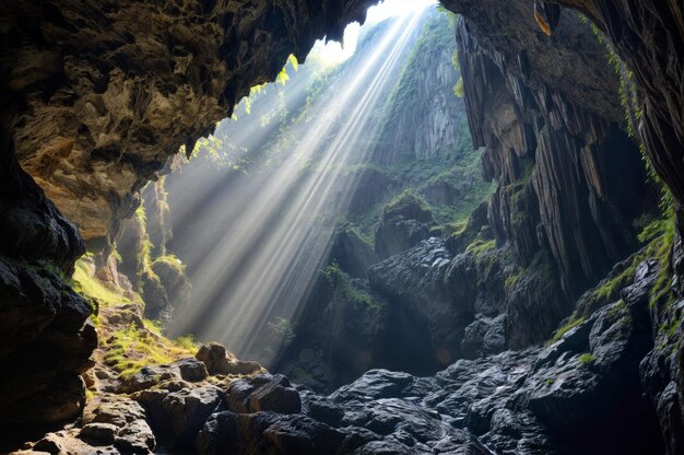 Sonnenstrahlen durch eine Höhle mitten in den Bergen